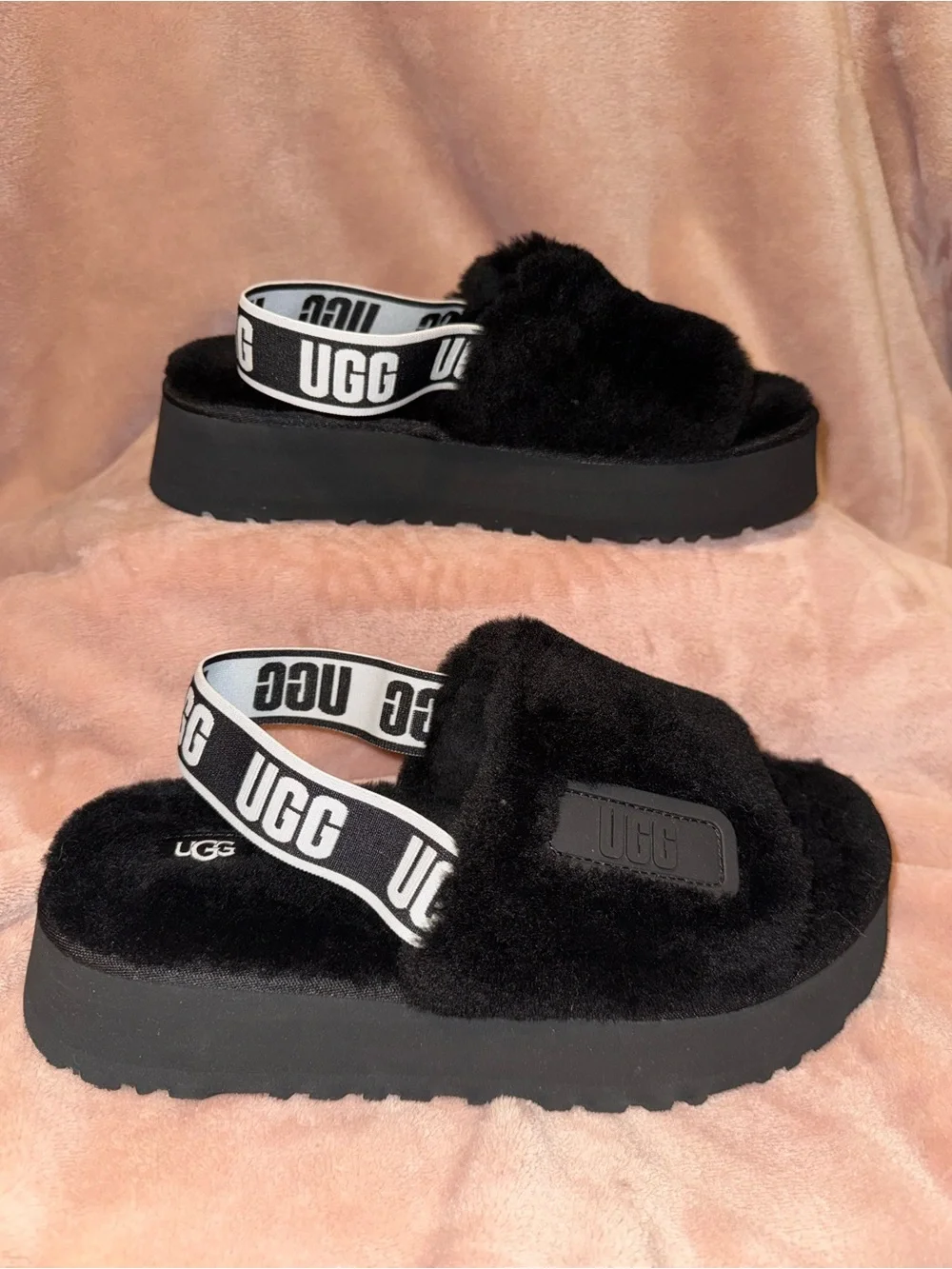 UGG Black Fuzz Platform Slingback Sandals
